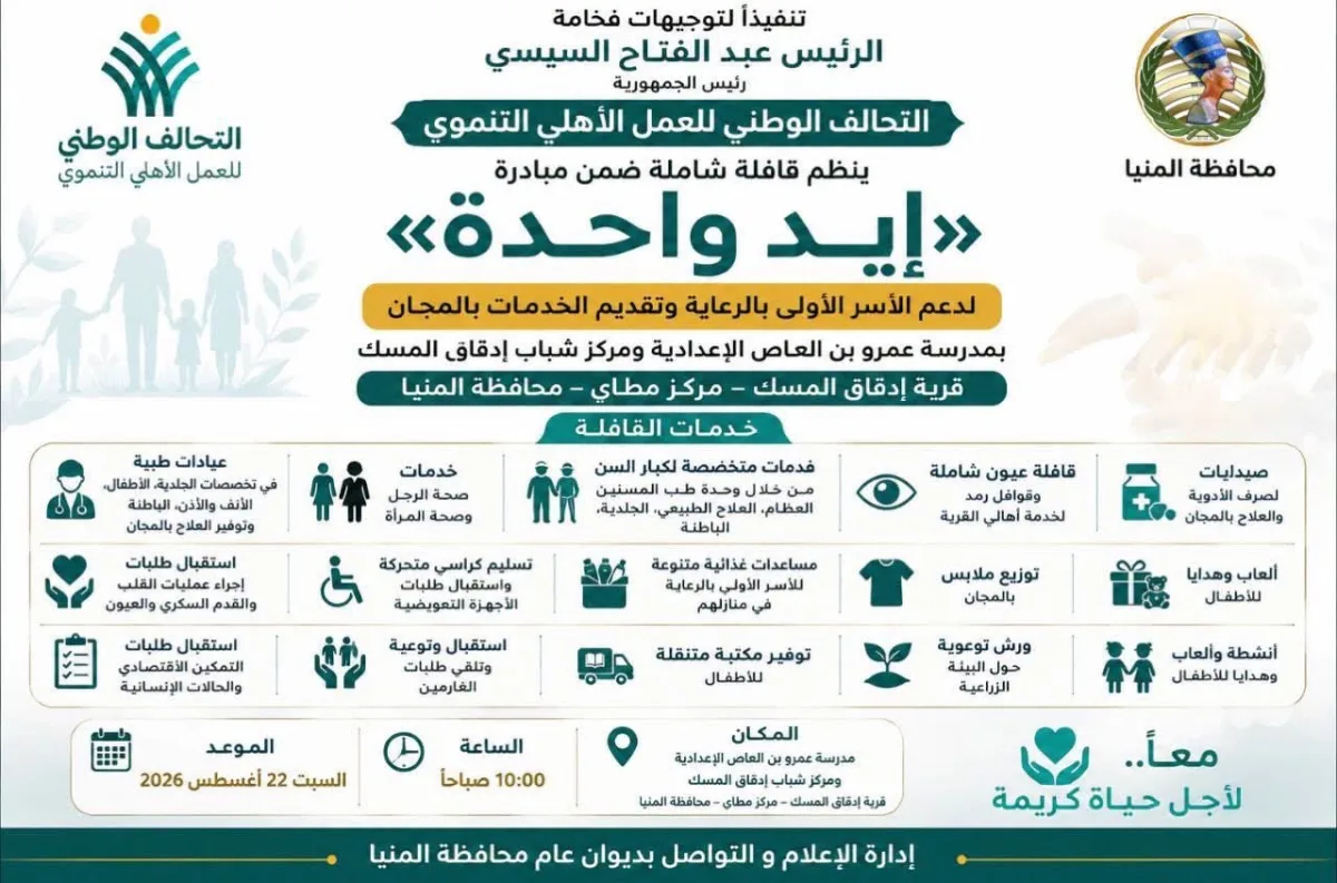 التحالف الوطني ينظم قافلة شاملة ضمن مبادرة «إيد واحدة» بقرية إدقاق المسك بمطاي
